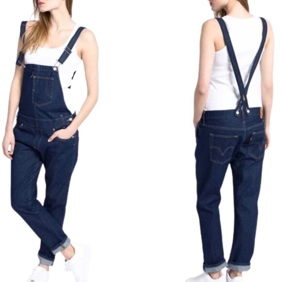 Levis Dark Wash Denim Blue Jean Cotton Relaxed Heritage Overalls Sz Small - Picture 1 of 12